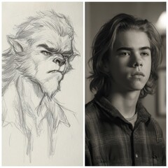A grayscale sketch of a creature alongside a portrait.