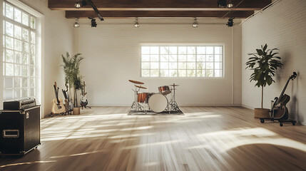 Empty rehearsal studio with a clean and organized layout