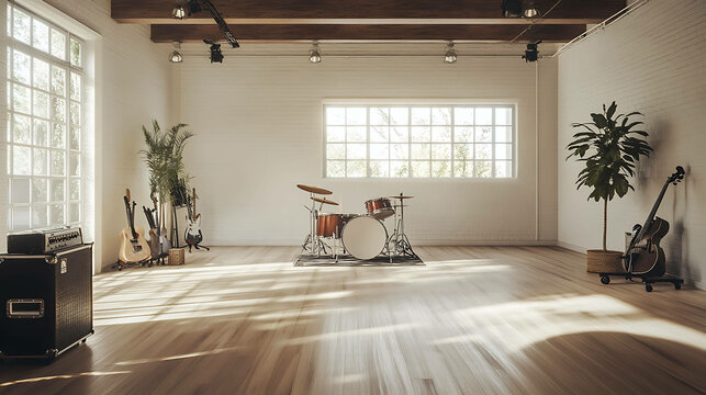 Empty rehearsal studio with a clean and organized layout