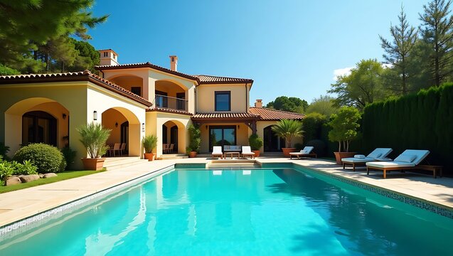 Luxury villa with swimming pool sunny day outdoor living vacation resort concept