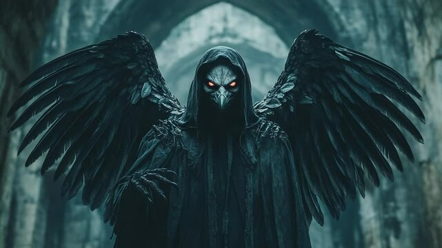 Dark angel with large black wings in a gothic ruin