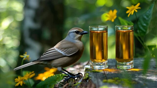 A little bird flies in and lands near two shot glasses of Herbal tincture in summer forest.