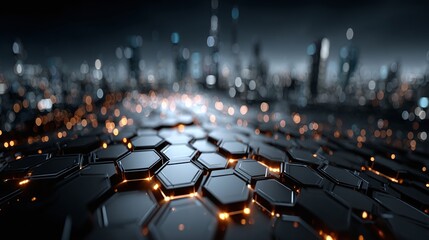 Sci-fi blue digital environment with electronic grid layout and prominent floating hexagon overlays 