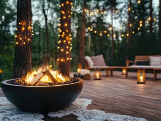 Cozy campfire gathering enchanted forest outdoor event relaxing atmosphere evening view warm ambiance