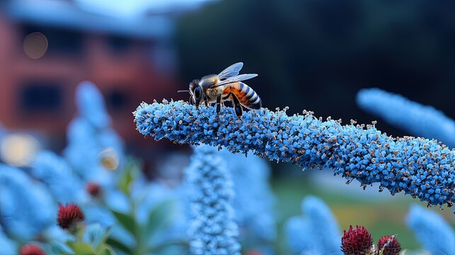 Bee pollinating blue flower with garden.