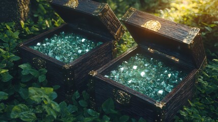 Discover hidden treasure chests filled with emerald gems in enchanted forest fantasy scene nature mystical viewpoint