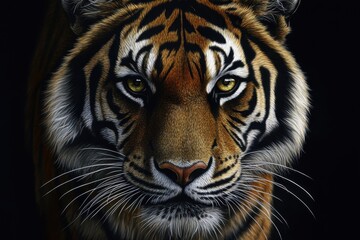 Fototapeta premium Intense Gaze of a Striped Tiger: A Close-Up Portrait on Dark Canvas