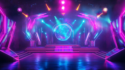 Nightclub with vibrant neon lights and a futuristic stage setup