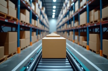 Single box on conveyor belt in warehouse