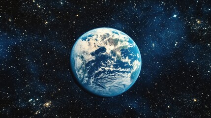 Earth in space, showing continents and clouds against a starry backdrop.