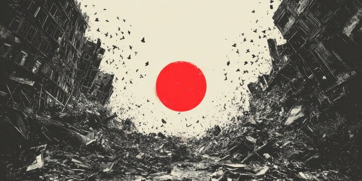 Ruined city landscape with a symbolic red sun.