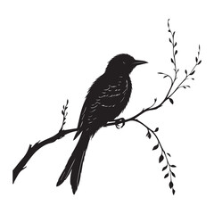 black silhouette of a Bird Sitting on a Branch side view isolated, illustration