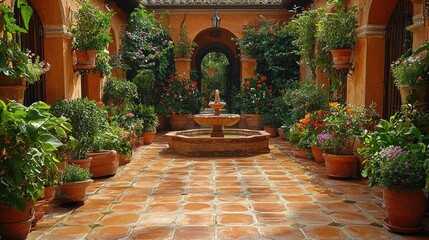 Fototapeta premium Sun-drenched courtyard garden with terracotta pots, fountain, and archways