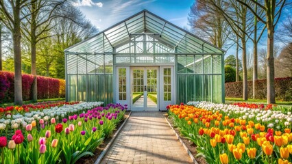 Obraz premium Keukenhof Gardens Spring Tulips Minimalist Photography - Netherlands Greenhouse Entrance 2022