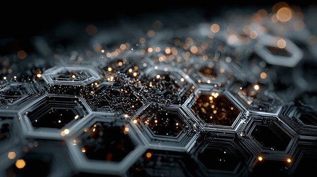 Electrified blue tech interface with sharp circuit outlines and light hexagonal floating forms 