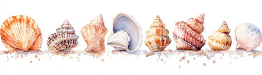 Obraz premium A row of colorful seashells arranged on sand, illustrated in a watercolor style with delicate details and natural hues.