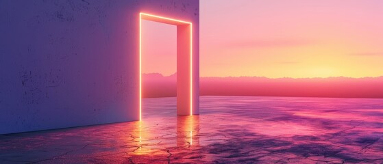 Surreal Landscape with Glowing Doorway at Sunset Over Calm Water