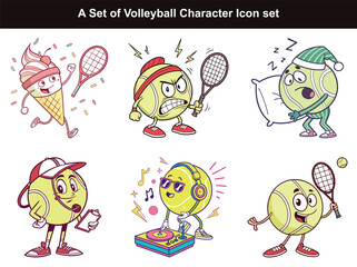 Set Of Cartoon Volleyball Characters In Various Poses And Expressions. Vector Illustration of Retro Style Sports Ball