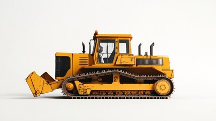 Yellow bulldozer sits on a white surface