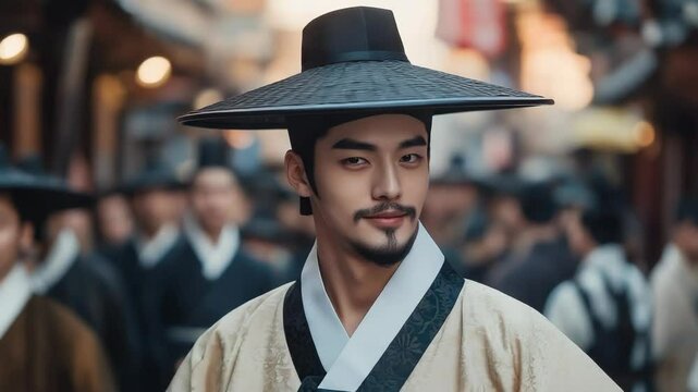 Portrait of a handsome man in traditional Korean clothing and hat, set in a historical street scene.