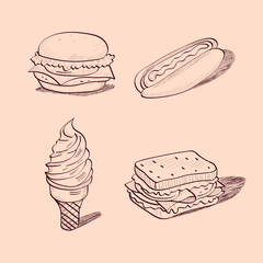 Hand drawn sketch of fast food set