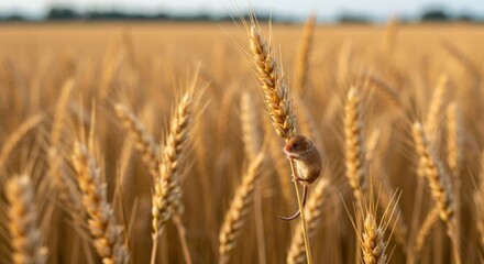 Fototapeta premium A small rodent perched atop golden wheat stalks.