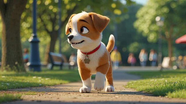 Adorable Animated Puppy Walking in the Park with Vibrant 2D Animation