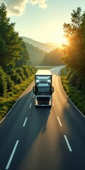 Large truck drives down road at sunrise