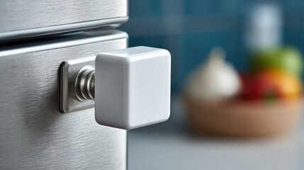 White cube shaped object attached to stainless steel appliance door
