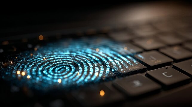 Digital fingerprint on a keyboard surface. Business work from home teleworking