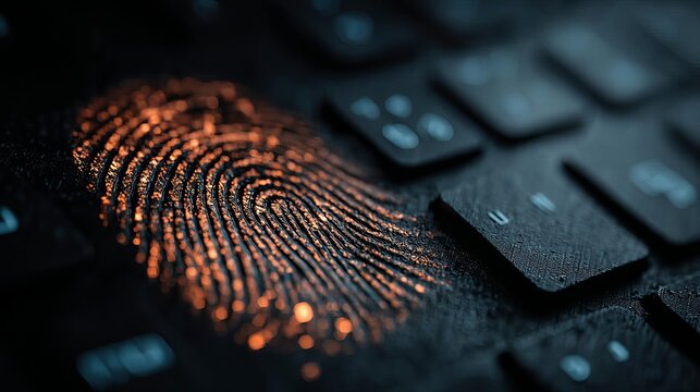 Fingerprint on a dark keyboard surface. Business work from home teleworking