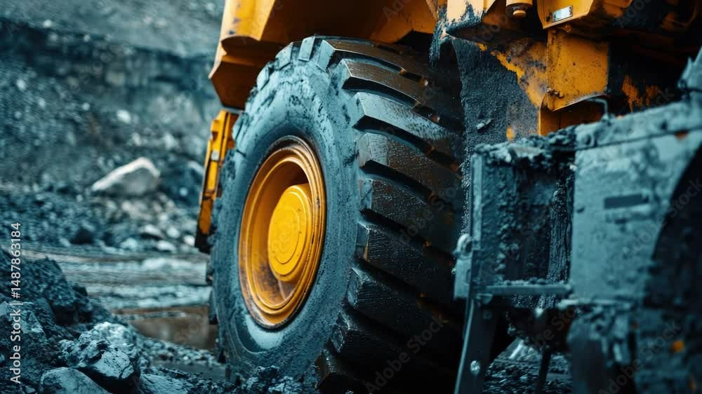 Poster a close-up view of a large wheel on a construction vehicle, suitable for use in industry or machiner