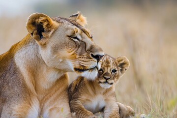 Obraz premium Majestic Lioness from Notches Rongai Pride Cuddling Her Cub in the Untamed Beauty of Masai Mara, Kenya