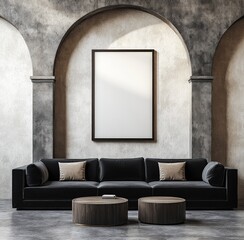 Modern Minimalist Living Room with Black Sofa, Round Coffee Table, and Elegant Gray Wall Arches