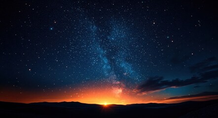 Majestic Sunset Blending with Stars: Vibrant Orange Sun and Scarlet Clouds Over a Deep Blue Night Sky