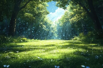 Obraz premium Enchanting sunlit clearing in a forest captivating nature scene serene environment tranquil viewpoint