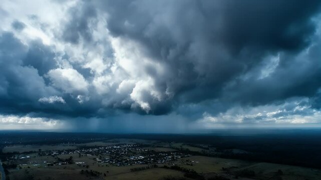 Dark thunderstorm clouds rolling in over a rural cityscape, ideal for weather reports, natural disasters, or climate change visuals.

