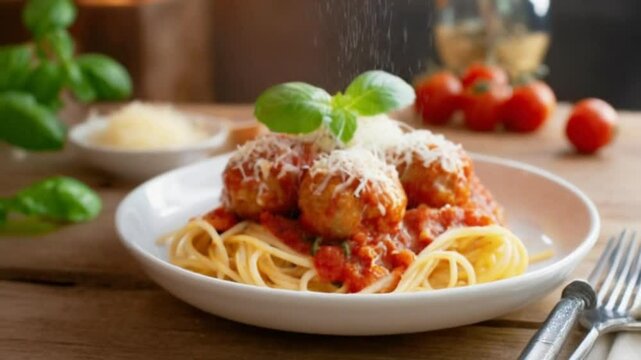 Italian pasta, spaghetti and meatballs. AI