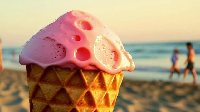 Strawberry-flavored ice cream cone with a vibrant pink color and textured waffle cone captured in golden daylight suggesting a fresh summer vibe