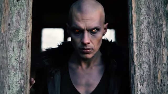 A menacing figure steps out of a run-down structure with broken windows, shrouded in shadows as the sun sets. The scene is filled with suspense and a sense of impending danger.