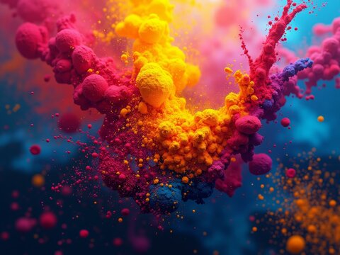 Vibrant paint splash in motion against blue backdrop