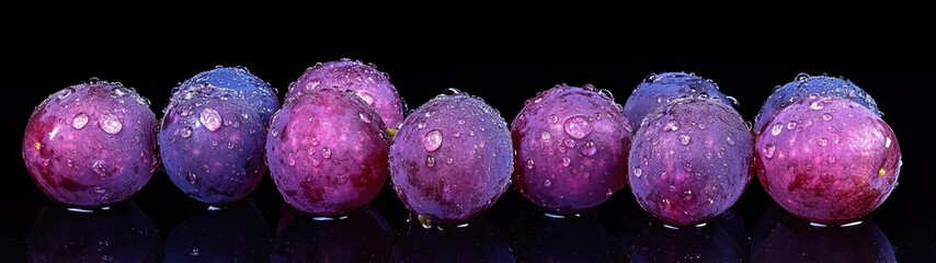 Dew-covered red and purple grapes on black background.
