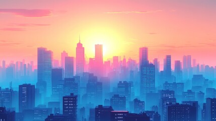Fototapeta premium Colorful Sunrise Over Urban Skyline with Silhouetted Skyscrapers and Vibrant Sky Transitioning from Blue to Pink
