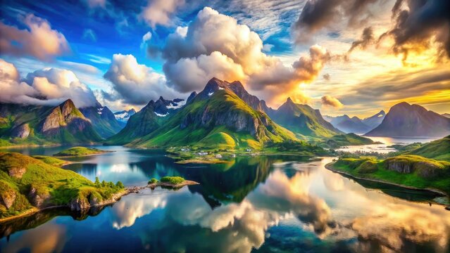 Lofoten Islands Summer Double Exposure: Roren Mountaintop Panorama