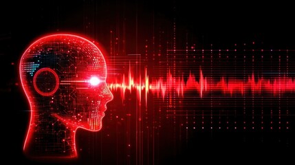 Fototapeta premium Red robot face glows with sound waves and circuits, showing ai synthetic media, fake ai emotions and futuristic ai art background