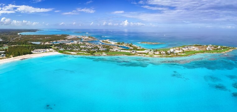 Aerial view of the beautiful Emerald Bay at Great Exuma island, The Bahamas, Caribbean Sea