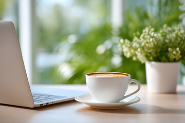 Close Up Of Coffee Cup And Laptop On A Wooden Table Near Green Plant Beside A Window