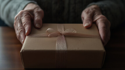 Aged hands gently cradling decorated gift box, soft pink ribbon symbolizing tender love and heartfelt connection