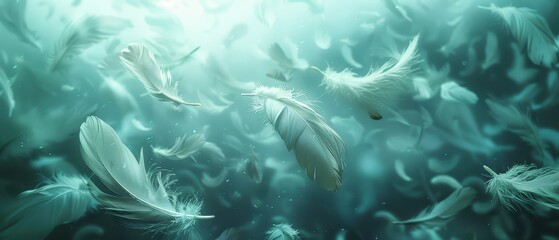 Obraz premium Ethereal White Feathers Floating in a Dreamy Aquatic Background