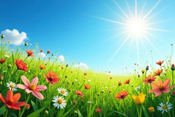 Bright sunlit meadow, wildflowers blooming, blue sky, field, nature, countryside